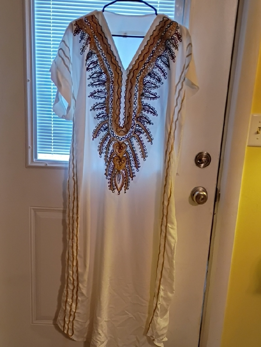 White Embroidered V-Neck Kaftan Dress